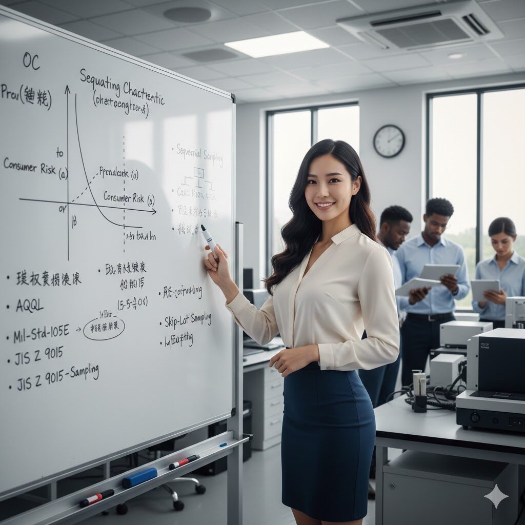 明るいラボラトリーのような清潔感のあるオフィスで、ロングヘアでグラマーな日本人女性がホワイトボードを使って抜取検査の解説をしている様子。ボードにはOC曲線や『JIS Z 9015』といった専門的なキーワードが書き込まれており、背景では多国籍な同僚たちが熱心に資料を確認している。